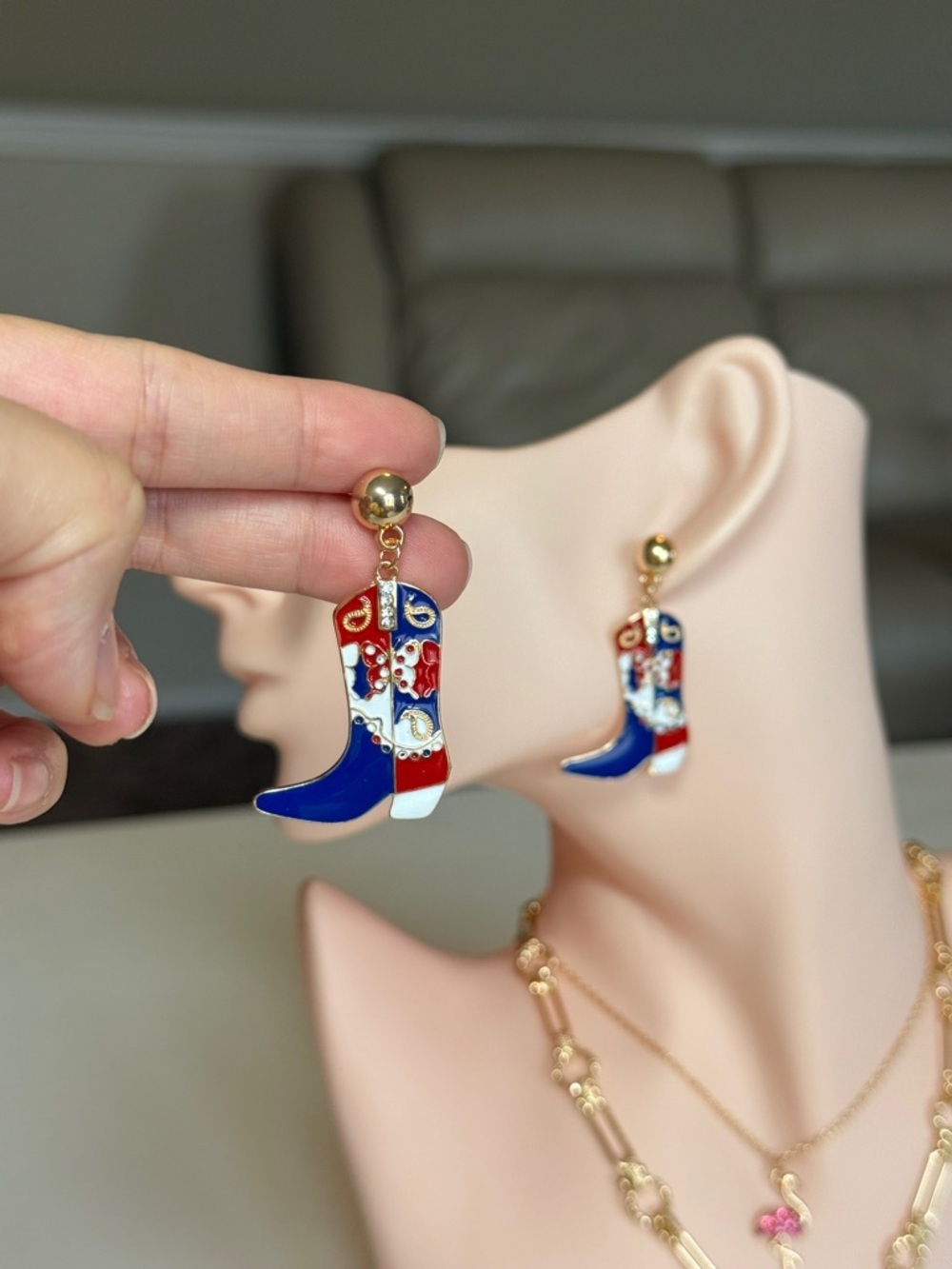 Gold Red, White & Blue Cowgirl Boot Drop Earrings - Picture 3 of 11